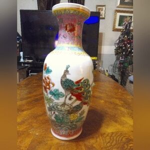Chinese Famille Jaune Republic Era Peacock Enameled Porcelain Vase